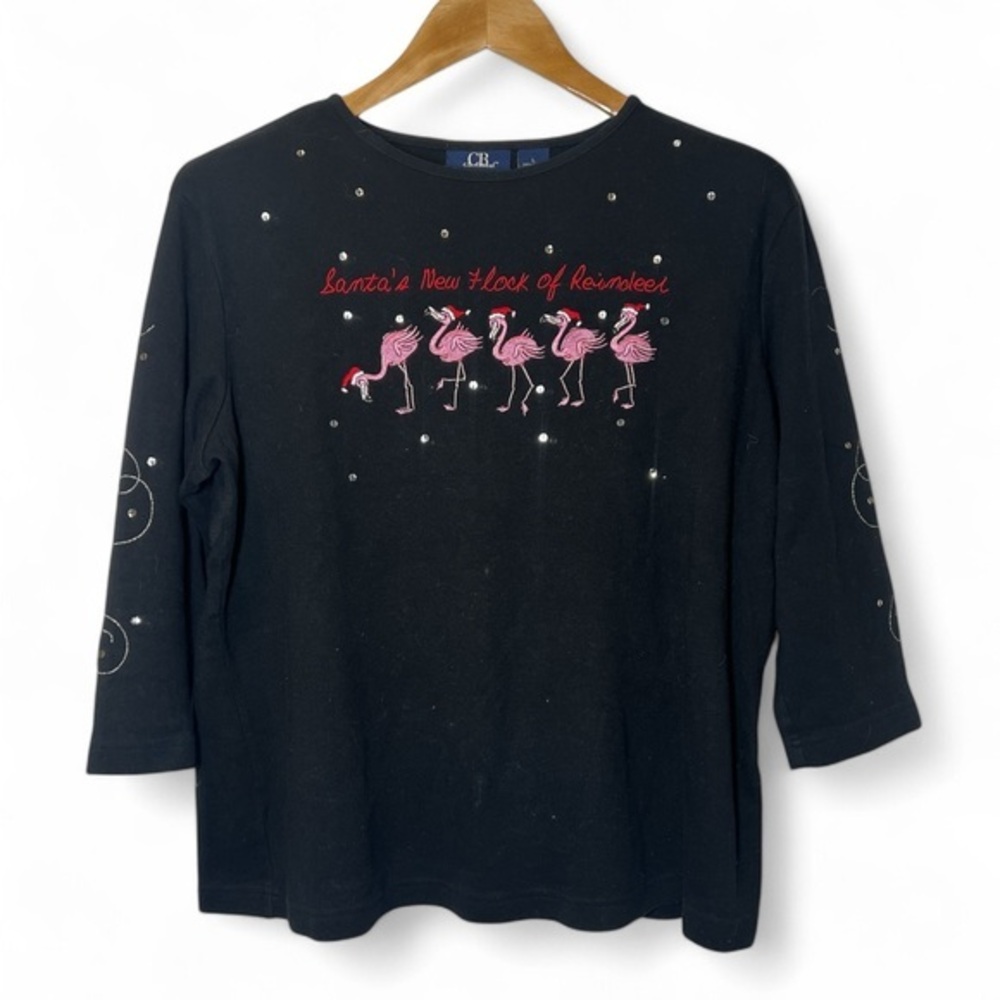 CB Casual Santa‎ Hat Penguins Women L Cotton 3/4 Sleeve Ugly Christmas Sweater